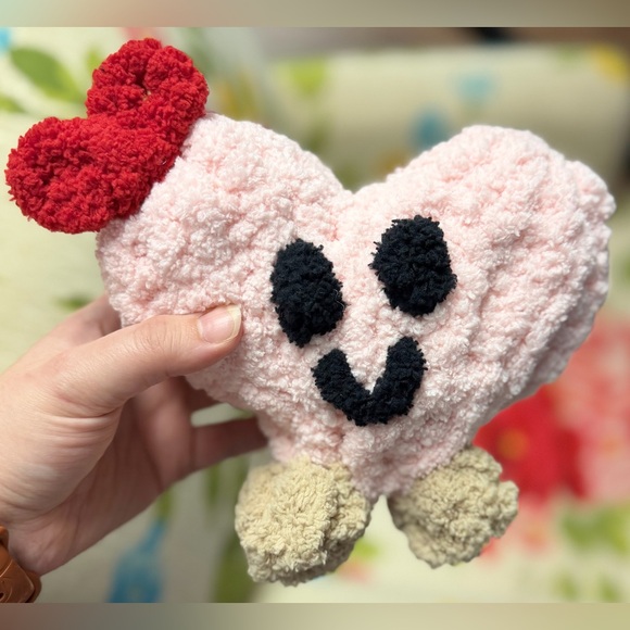 Hand Crafted Other - Handmade hand crafted Knit Pink Heart Plushie with Red Bow